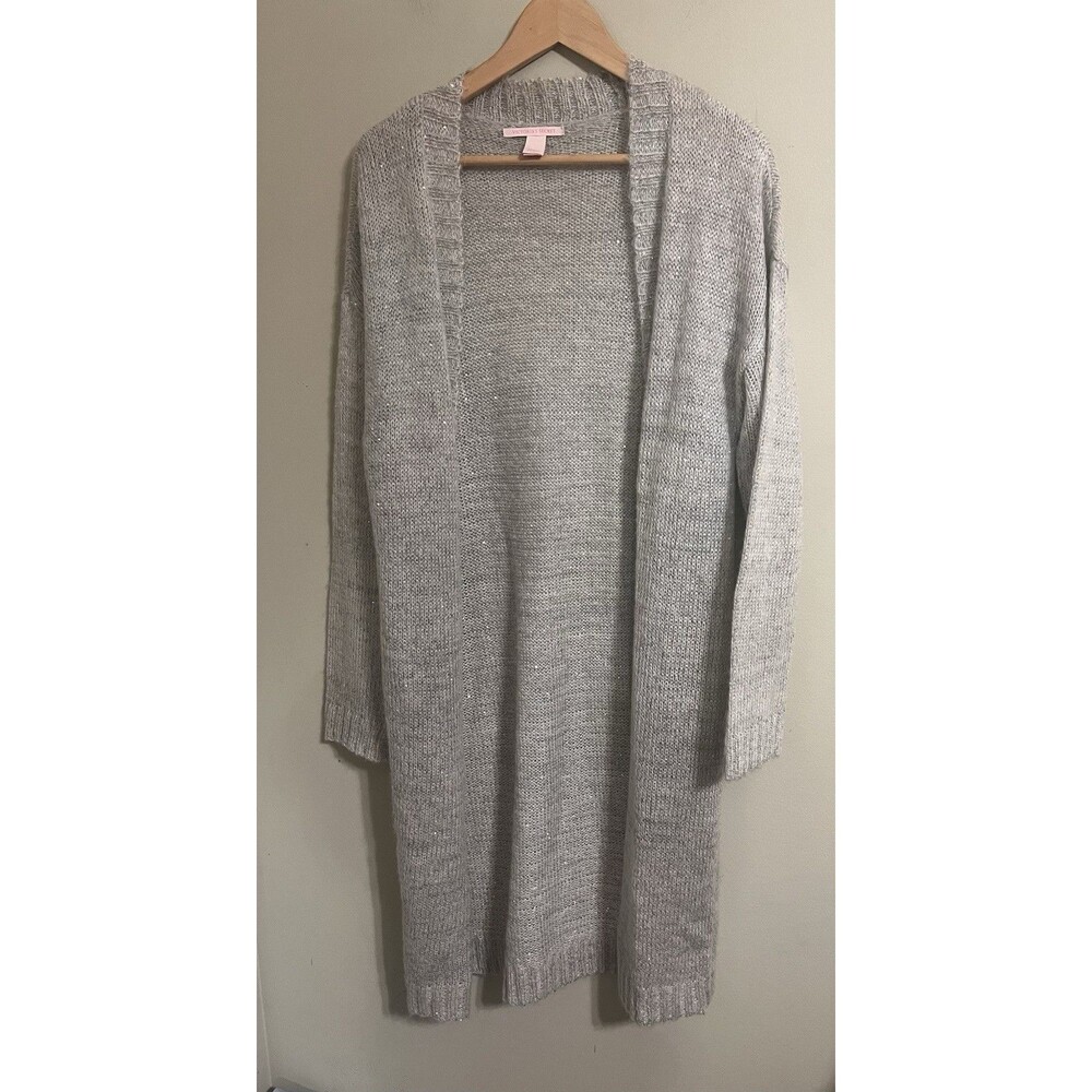 Victoria's Secret L Open Front Duster Cardigan Cream Sequin Knit Winter Mohair